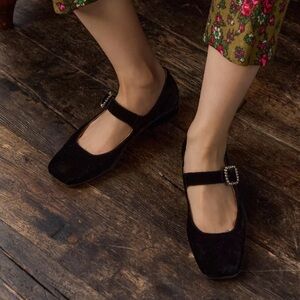 Penelope Chilvers Low Mary Jane Diamante Velvet Shoe Black